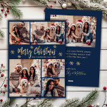 Navy och Guld Snowflake 5 Photo Collage jul Julkort<br><div class="desc">Elegant Modern Calligraphy Navy och Guld Snöflingor 5 Photo Collage God jul Script Helgdag Card. Den här sjutna, minimalistiska, fem (5) fotokortmallen innehåller ett fotokollage i söt, en snöflake och säger "God jul"! Texten "God jul" hälsning är skriven i ett vackert handskript med penseltypsskript i guld på marinblå färg-bakgrund. På...</div>