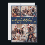 Navy och Guld Snowflake 5 Photo Collage jul Julkort<br><div class="desc">Modern Elegant Calligraphy Navy och Guld Snöflingor 5 Photo Collage God jul Script Helgdag Card. Den här sjutna, minimalistiska, fem (5) fotokortmallen innehåller ett fotokollage i söt, en snöflake och säger "God jul"! Texten "God jul" hälsning är skriven i ett vackert handskript med penseltypsskript i guld på marinblå färg-bakgrund. På...</div>