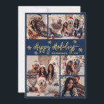 Navy och Guld Snowflake 5 Photo Collage jul Julkort<br><div class="desc">Modern Elegant Calligraphy Navy och Guld Snöflingor 5 Photo Collage God jul Script Helgdag Card. Den här sjutna, minimalistiska, fem (5) fotokortmallen innehåller ett fotokollage i söt, en snöflake och säger "God jul"! Texten "God jul" hälsning är skriven i ett vackert handskript med penseltypsskript i guld på marinblå färg-bakgrund. På...</div>