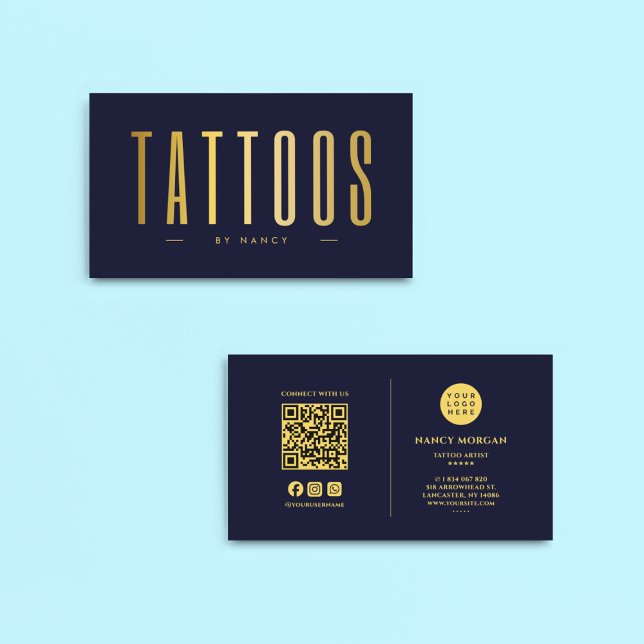 Navy och guld tatueringsartist QR-kod & logotyp Visitkort (Skapare uppladdad)