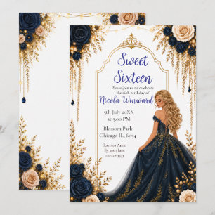 Navy och guldblommig Sweet Sixteen-fest Inbjudningar