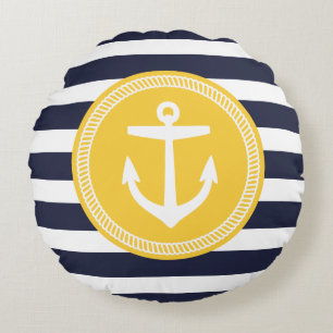 Navy och Gult Preppy Nautical Rand och Anchor Rund Kudde