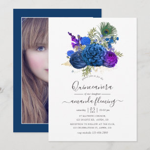 Navy och lila vintage påfågel blomster Quinceañera Inbjudningar