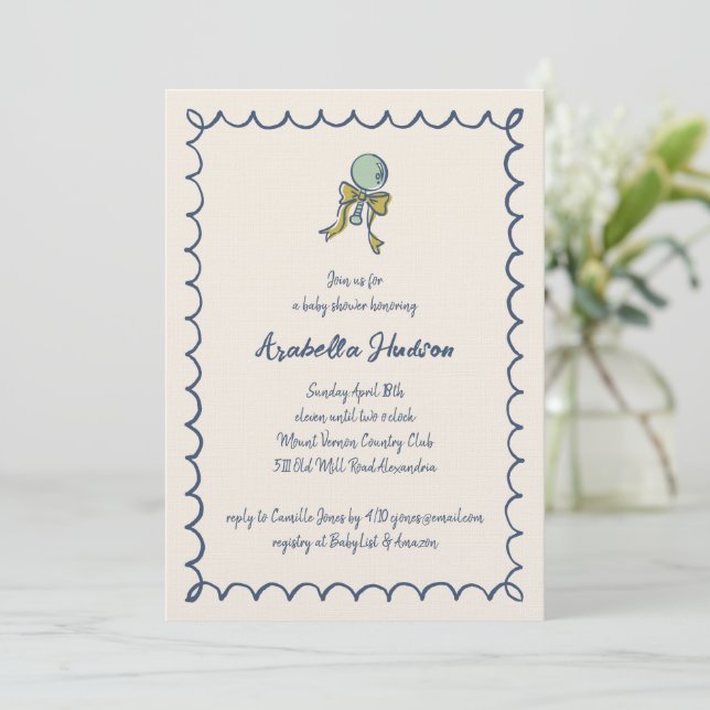 Navy och Mint Doodle Rassel och Band Baby Shower Inbjudningar (Stående Fram)