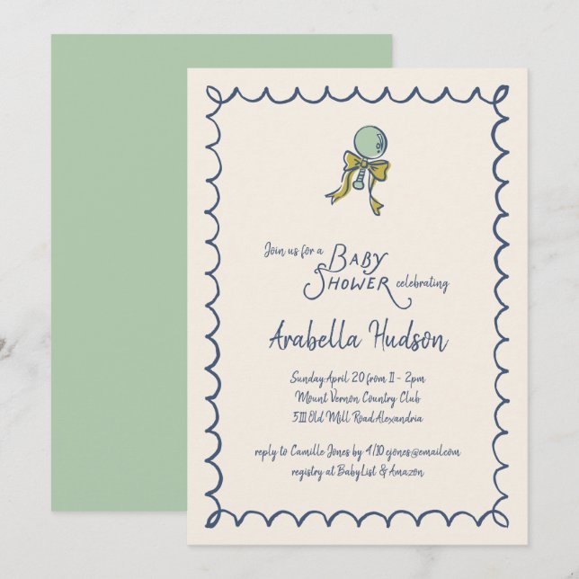 Navy och Mint Doodle Skramla och Baby Shower-slöja Inbjudningar (Fram/baksida)