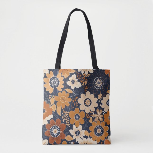 Navy och Mustard Folklig Blommönster Tygkasse (Framsida)