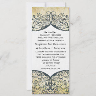 Navy och Mustard Love Bird Paisley Mönster Bröllop Inbjudningar