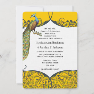 Navy och Mustard Peacock Love Bird Mönster Bröllop Inbjudningar