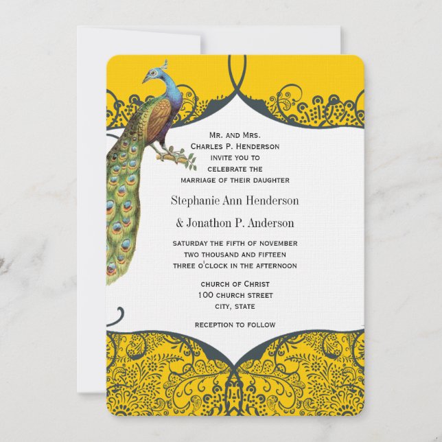 Navy och Mustard Peacock Love Bird Mönster Bröllop Inbjudningar (Framsida)