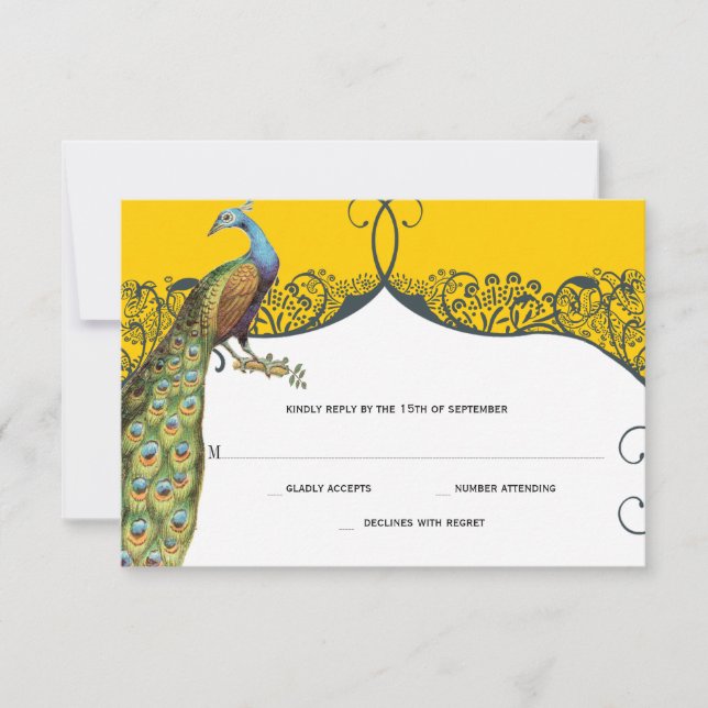 Navy och Mustard Peacock Love Bird Mönster Bröllop OSA Kort (Framsida)