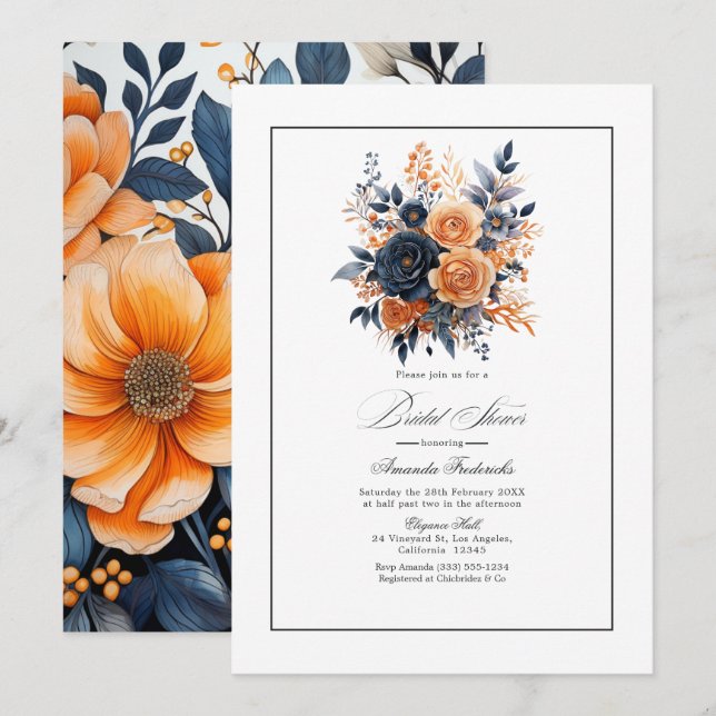 Navy och Orange Akvarell Blommig Bröllopsdusch Inbjudningar (Fram/baksida)