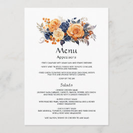 Navy och orange blomsterbröllop gäst detaljer meny