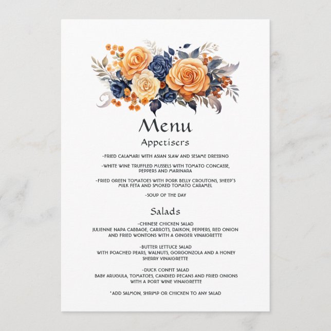 Navy och orange blomsterbröllop gäst detaljer meny (Framsida)