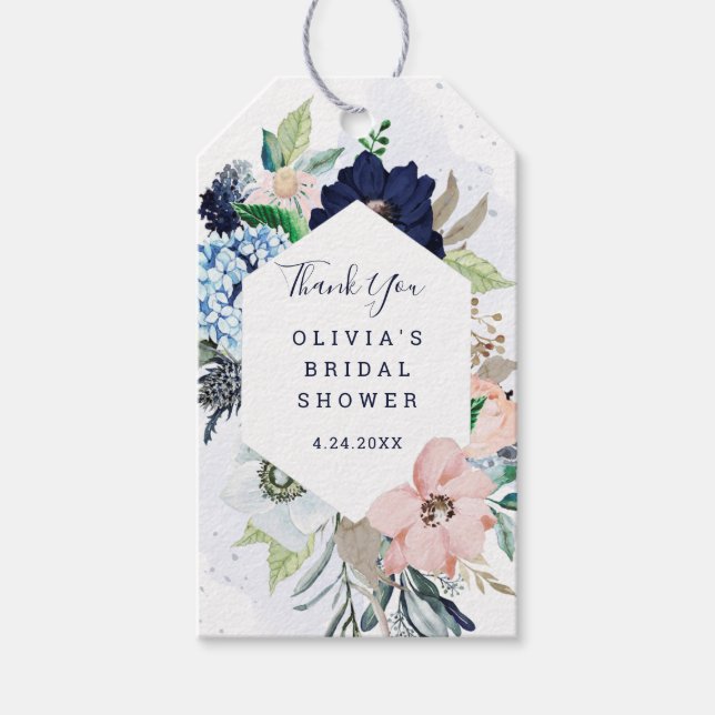Navy och pastellrosa nautiska blommor | Tack Presentetikett (Framsidan)