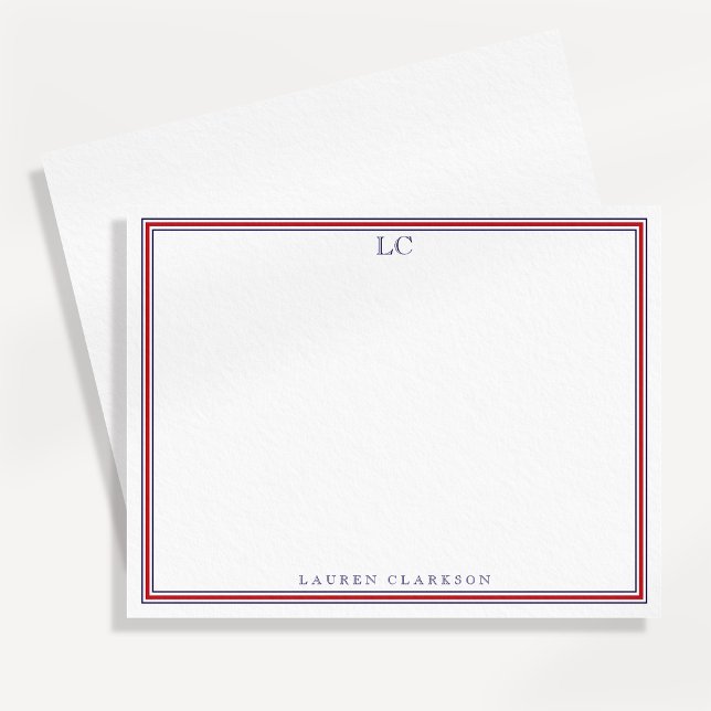 Navy och röd rand Monogram brevpapper Notkort Inbjudningar (Skapare uppladdad)