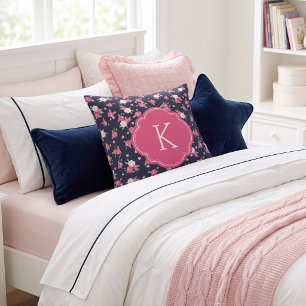 Navy och rosa chic vintage blommönster monogram kudde