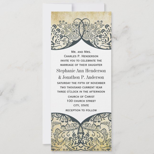 Navy och Senap Love Bird Paisley Mönster Bröllop Inbjudningar (Framsida)