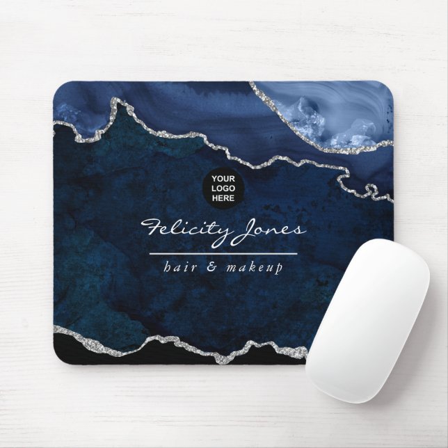 Navy och Silver Agate Ädelsten Företag Musmatta (Med mus)