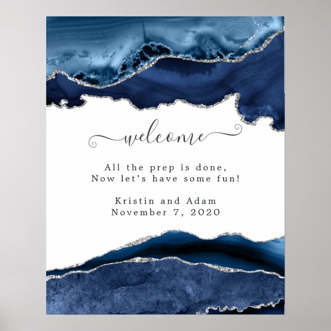 Navy och Silver Agate Bröllop Välkommen Poster (Framsidan)