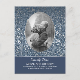 Navy och Silver Blommor Chic Foto Spara Datum Meddelande Vykort
