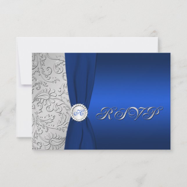Navy och Silver Damask-monogrammerad RSVP-kort OSA Kort (Framsida)