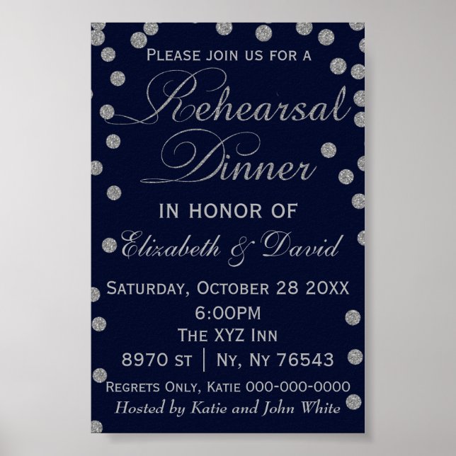 Navy och Silver Glitter Provmiddagsskylt Poster (Framsidan)