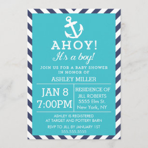 Navy och turkos nautisk chevron baby shower inbjudningar