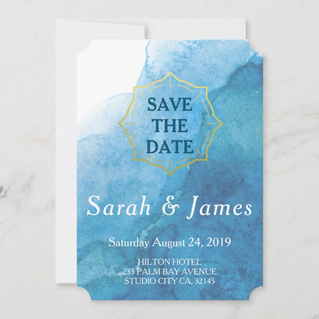 Navy och vit akvarell strandbröllop spara datumet (Framsida)