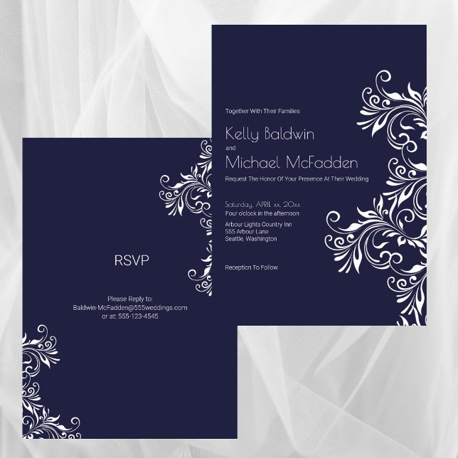 Navy och vit elegant bröllopsstil inbjudningar (Navy and White Elegant Style Wedding Invitation)