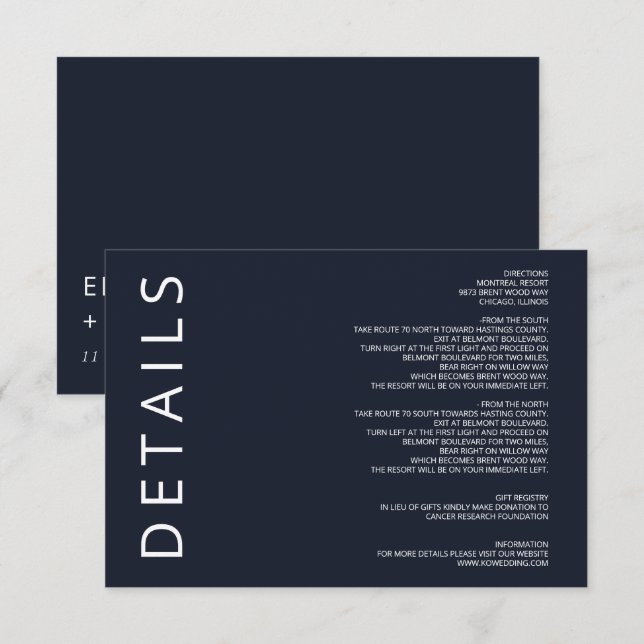 Navy och vit elegant modern minimalistisk bröllops tilläggskort (Fram/baksida)