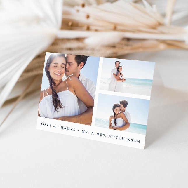 Navy och vit fotokollage Bröllop tackkort (Skapare uppladdad)
