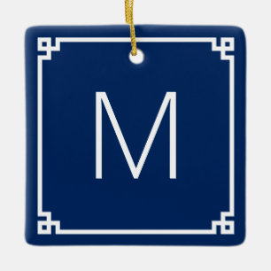 Navy och vit grekisk nyckel kant monogram foto julgransprydnad keramik