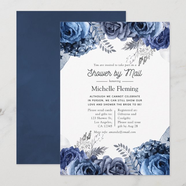 Navy och vit med silver baby shower via post inbjudningar (Fram/baksida)