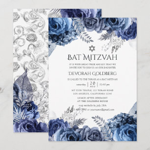 Navy och vit med silverfolie floral Bat Mitzvah Inbjudningar