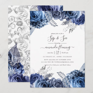 Navy och vit med silverfolie floral Sip and See Inbjudningar