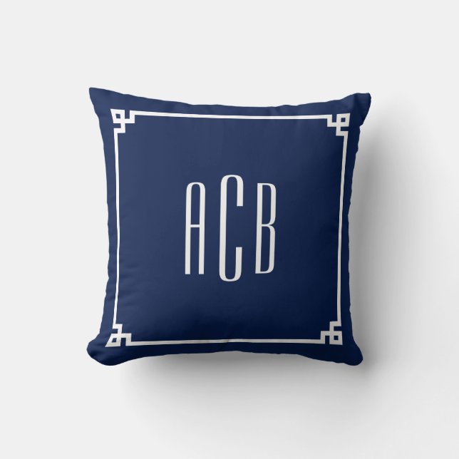 Navy och vit tresiffrig monogram grekisk nyckel kudde (Framsida)