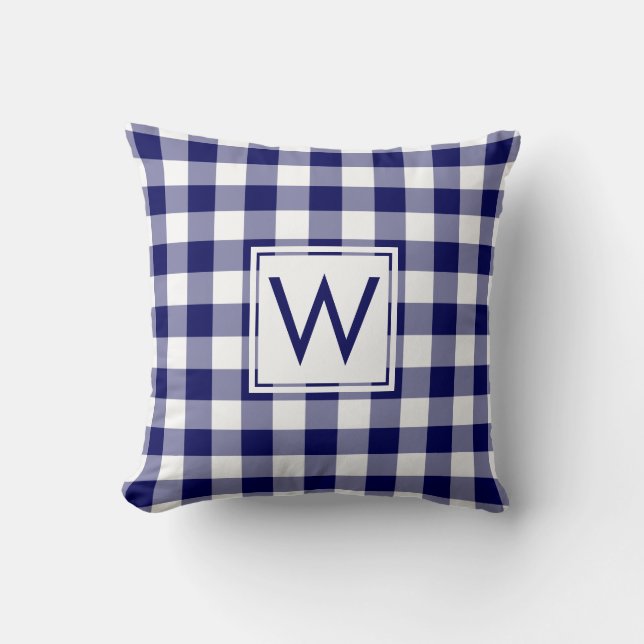 Navy och White Gingham Mönster, Anpassningsbar Mon Kudde (Framsida)