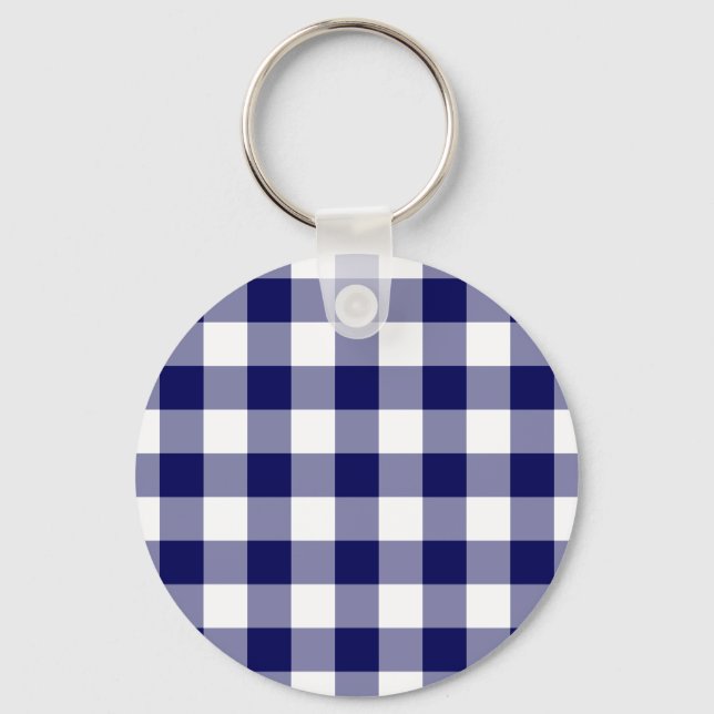 Navy och White Gingham Mönster Nyckelring (Framsida)