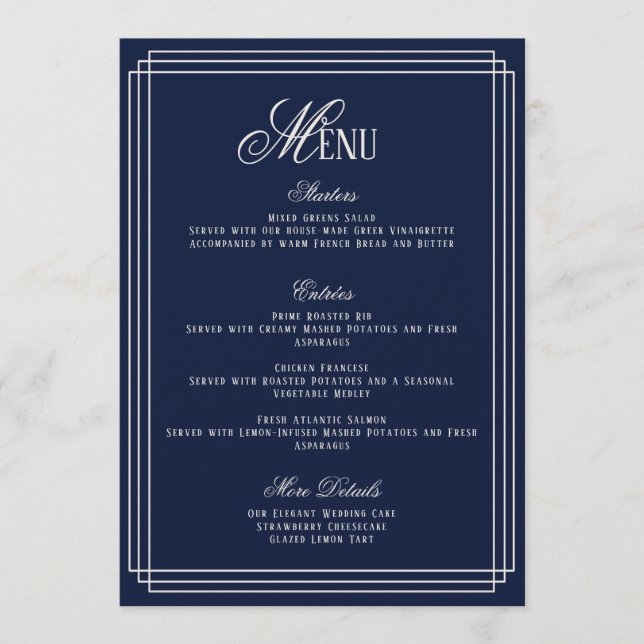 Navy Old Money Wedding Menu Card Inbjudningar (Framsida)