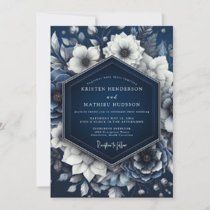 Navy Opulent Blommig Romantisk Bröllop Inbjudningar