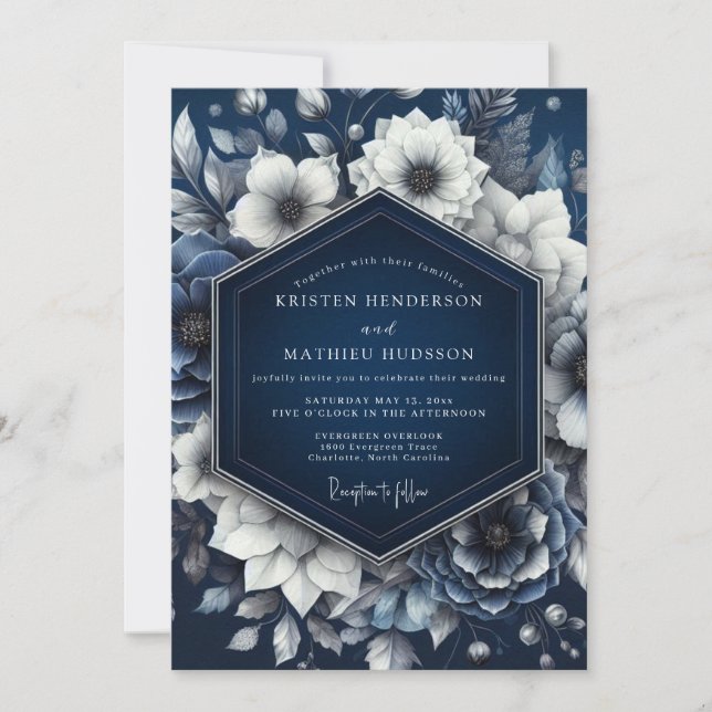 Navy Opulent Floral Romance Wedding Inbjudningar (Framsida)