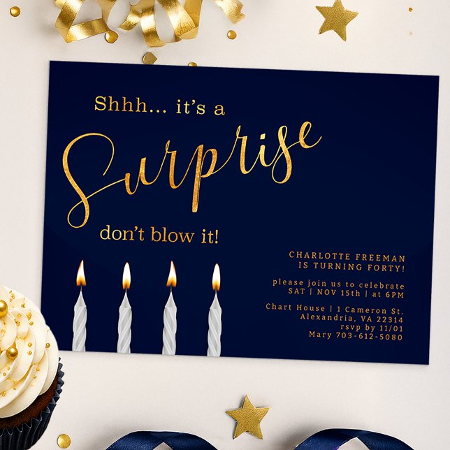 Navy överraskningsfödelsedagsinbjudan - Elegant gu Inbjudningar (Surprise Birthday Party Invite)