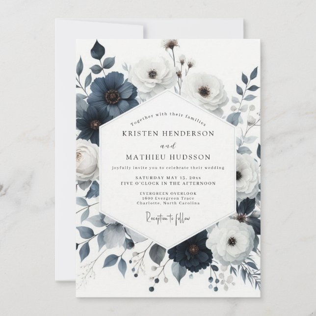 Navy Painterly Bröllop Blomster Inbjudningar (Framsida)
