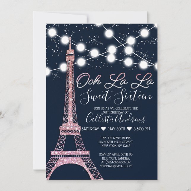 Navy Paris Eiffel Torn Glitter Ljus Sweet 16 Inbjudningar (Framsida)