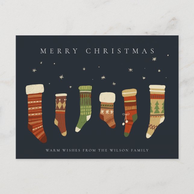 NAVY PASTEL RED GRÖNT STAR CHIRSTMAS STOCKINGS HELG VYKORT (Framsida)