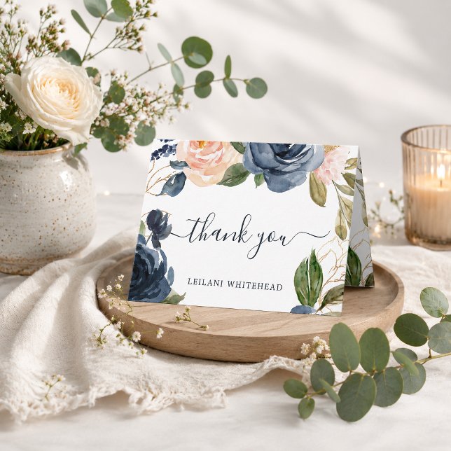 Navy & Peach Blommig Elegant Akvarell Baby Shower Tack Kort (Send heartfelt appreciation in style with this elegant folded thank you card featuring florals.)