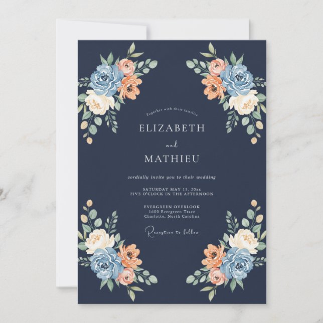 Navy Peach Blossom Flourish Wedding Inbjudningar (Framsida)
