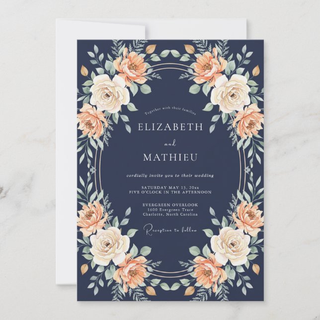 Navy Peachy Rose Botanisk Bröllop Inbjudningar (Framsida)