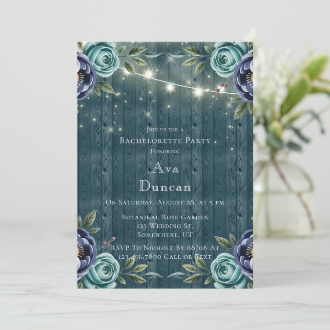 Navy Peonies and Turcos Ro Bachelorette Party Inbjudningar (Stående Fram)