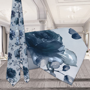 Navy Peonies Dusty Blue Greenery Grått Bröllop Slips